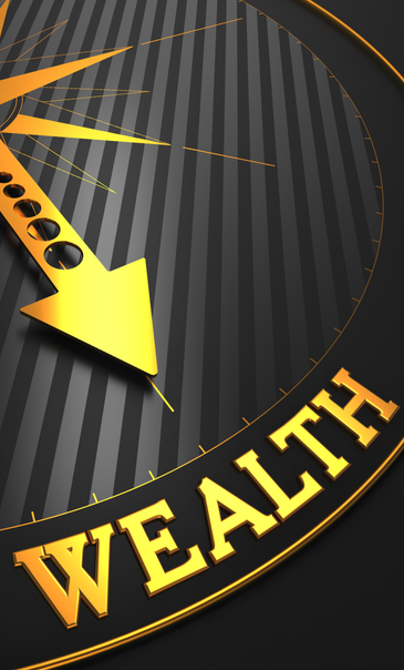 A clock with a yellow arrow pointing toward the word 'WEALTH' at the bottom, emphasizing the concept of time and wealth.