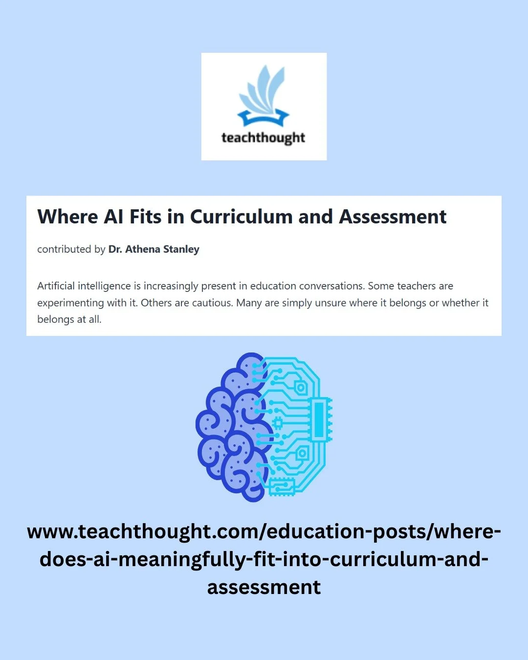 Athena Global Learning (AGL) is proud to share that our Founder, Dr. Athena Stanley, has published a new article with TeachThought:
🧠 Where Does AI Meaningfully Fit Into Curriculum And Assessment?
As AI becomes increasingly present in schools, the c