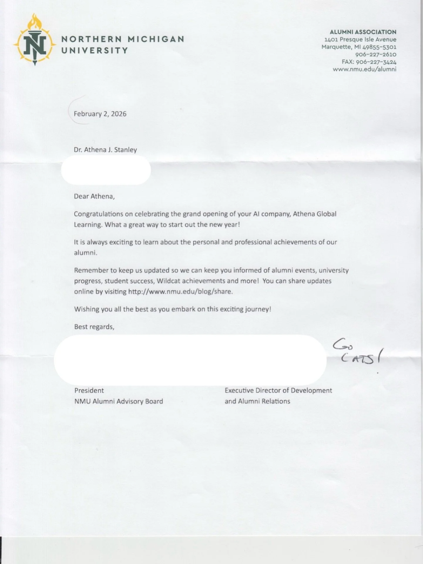 Athena Global Learning (AGL) is deeply grateful to Northern Michigan University (NMU) for this thoughtful letter recognizing the grand opening of our company.

Receiving this note from NMU is especially meaningful. Our Founder and CEO, Dr. Athena J. 