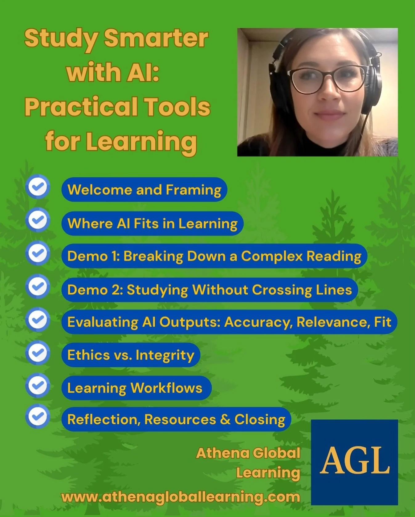 Thank you to Northern Michigan University (NMU) for hosting Study Smarter with AI: Practical Tools for Learning as a SkillBuilder for NMU students. Athena Global Learning (AGL) had a wonderful time leading this well-attended, interactive online works