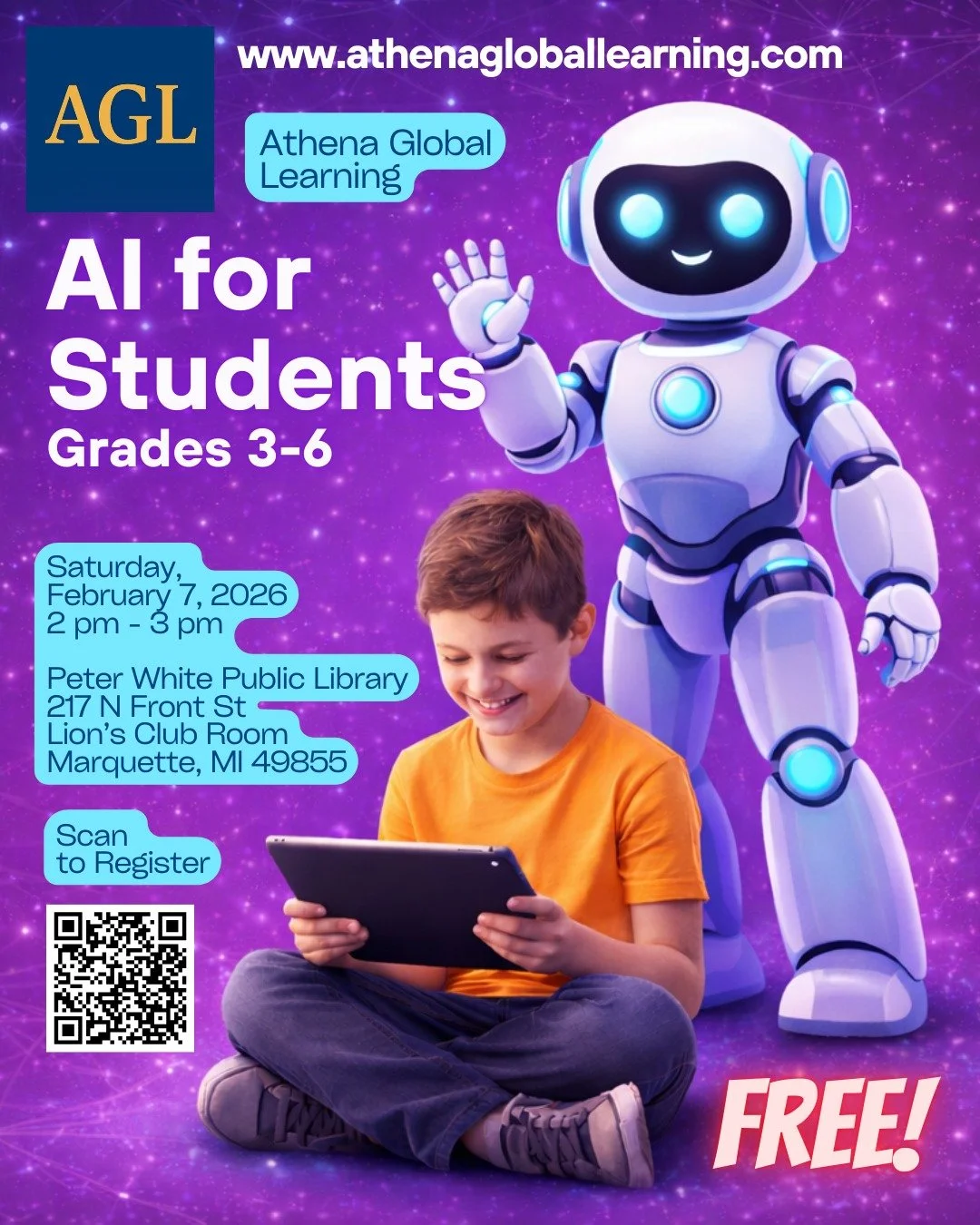 ✨ AI for Students (Grades 3&ndash;6) ✨

A free, hands-on workshop designed to help upper-elementary students explore artificial intelligence in a creative, safe, and age-appropriate way. Students will learn what AI is (and isn&rsquo;t), build curiosi