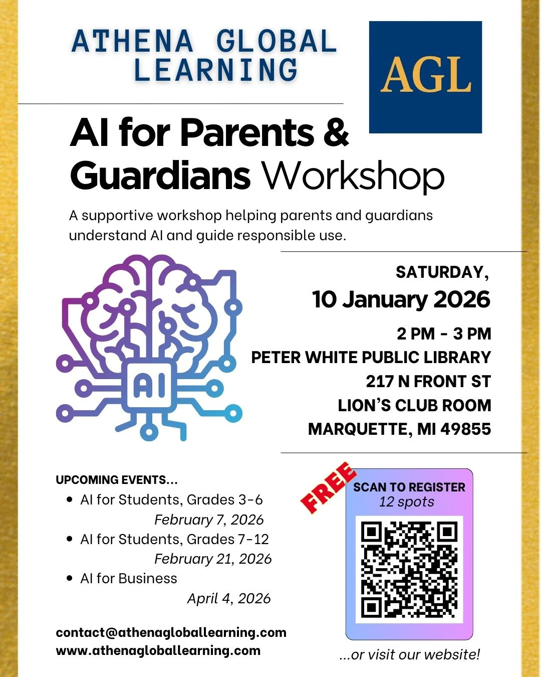 ✨ Upcoming Workshop | Athena Global Learning ✨

Athena Global Learning is hosting a free AI for Parents &amp; Guardians workshop this January to support families as they navigate today&rsquo;s rapidly changing digital landscape.

This session is desi