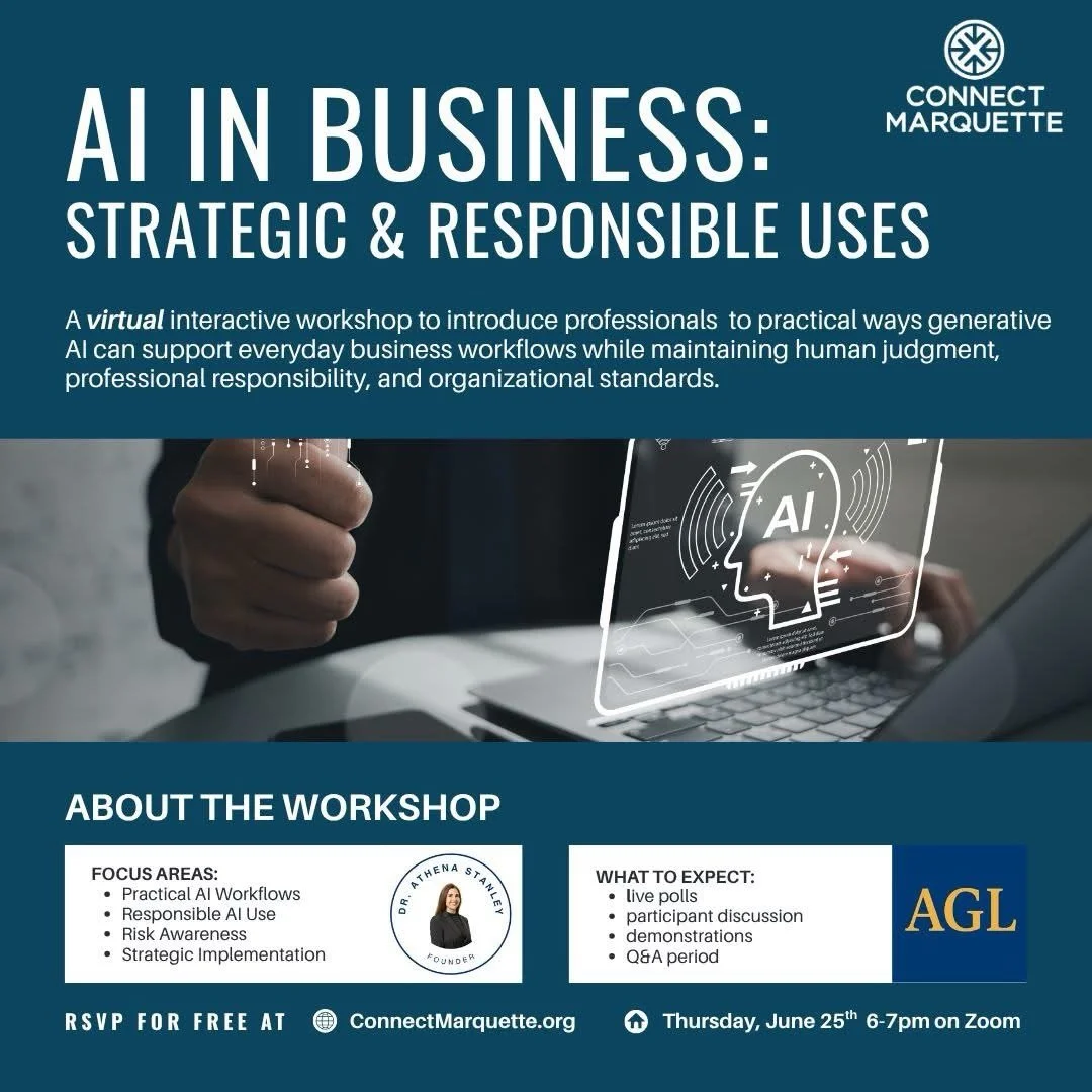 Athena Global Learning (AGL) is excited to invite business owners, professionals, nonprofit leaders, managers, and entrepreneurs to a free upcoming virtual event:

📍 AI in Business: Strategic &amp; Responsible Uses
🗓 June 25, 2026
⏰ 6:00 PM &ndash;