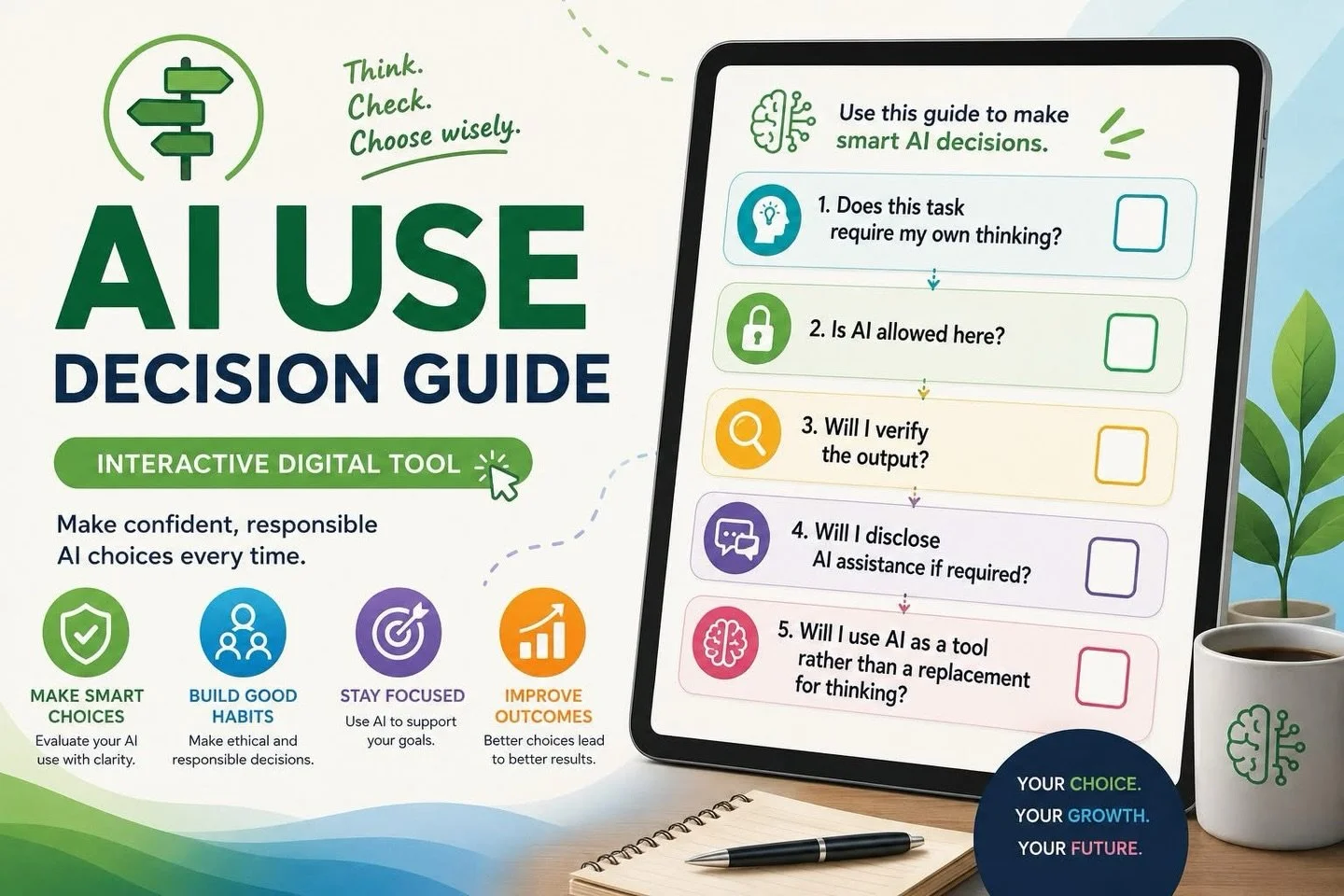 Athena Global Learning (AGL) is excited to share a new free interactive tool:

🧭 AI Use Decision Guide
AI tools are increasingly available, but responsible use requires more than access. It requires judgment.

Designed for learners, educators, and p