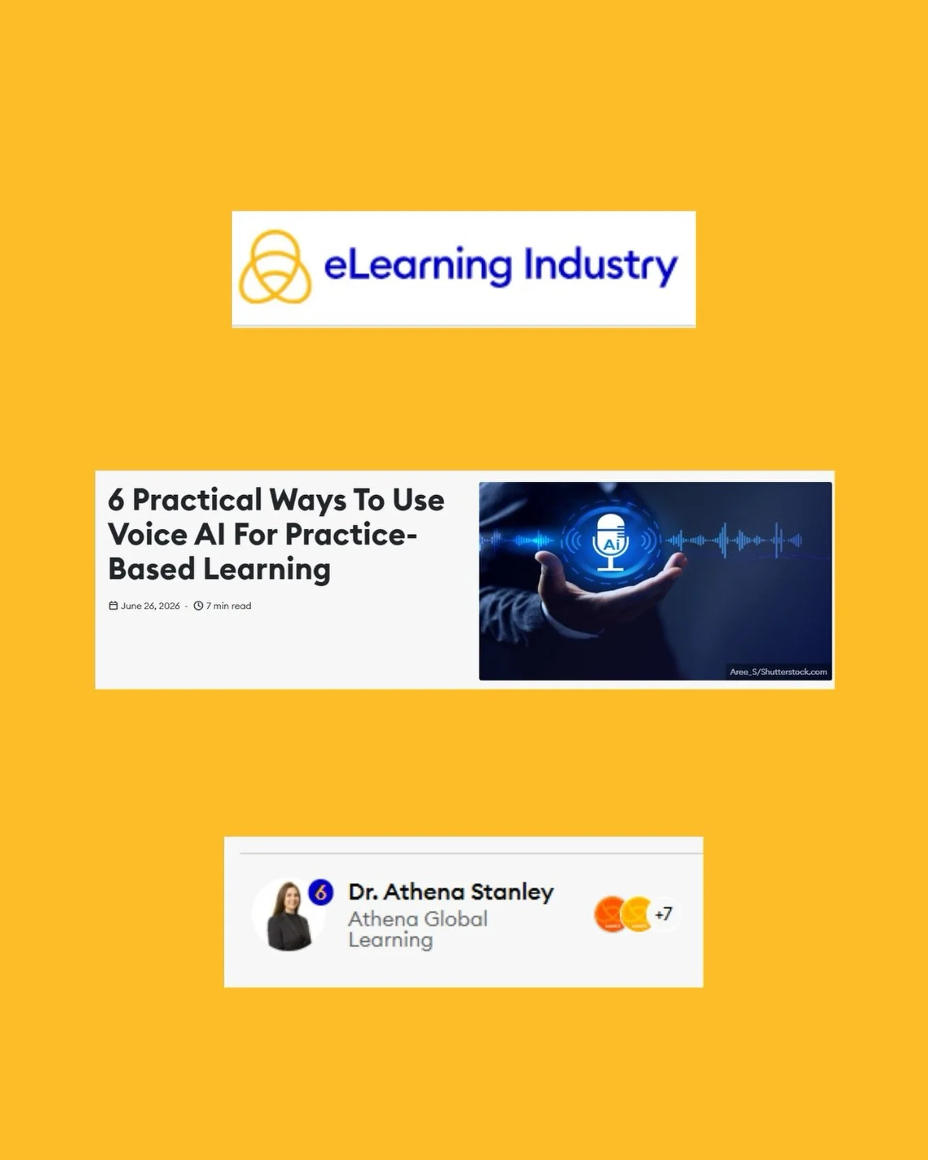 Athena Global Learning (AGL) is excited to celebrate the publication of a new article by our founder, Dr. Athena Stanley, in eLearning Industry! 

6 Practical Ways To Use Voice AI For Practice-Based Learning explores how voice AI can support reflecti