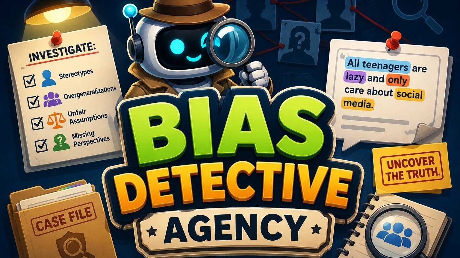 🎮 New from Athena Global Learning (AGL)!

Bias Detective Agency is a free interactive AI literacy game that challenges learners to investigate AI-generated responses for different types of bias.

Players identify stereotypes, overgeneralizations, un