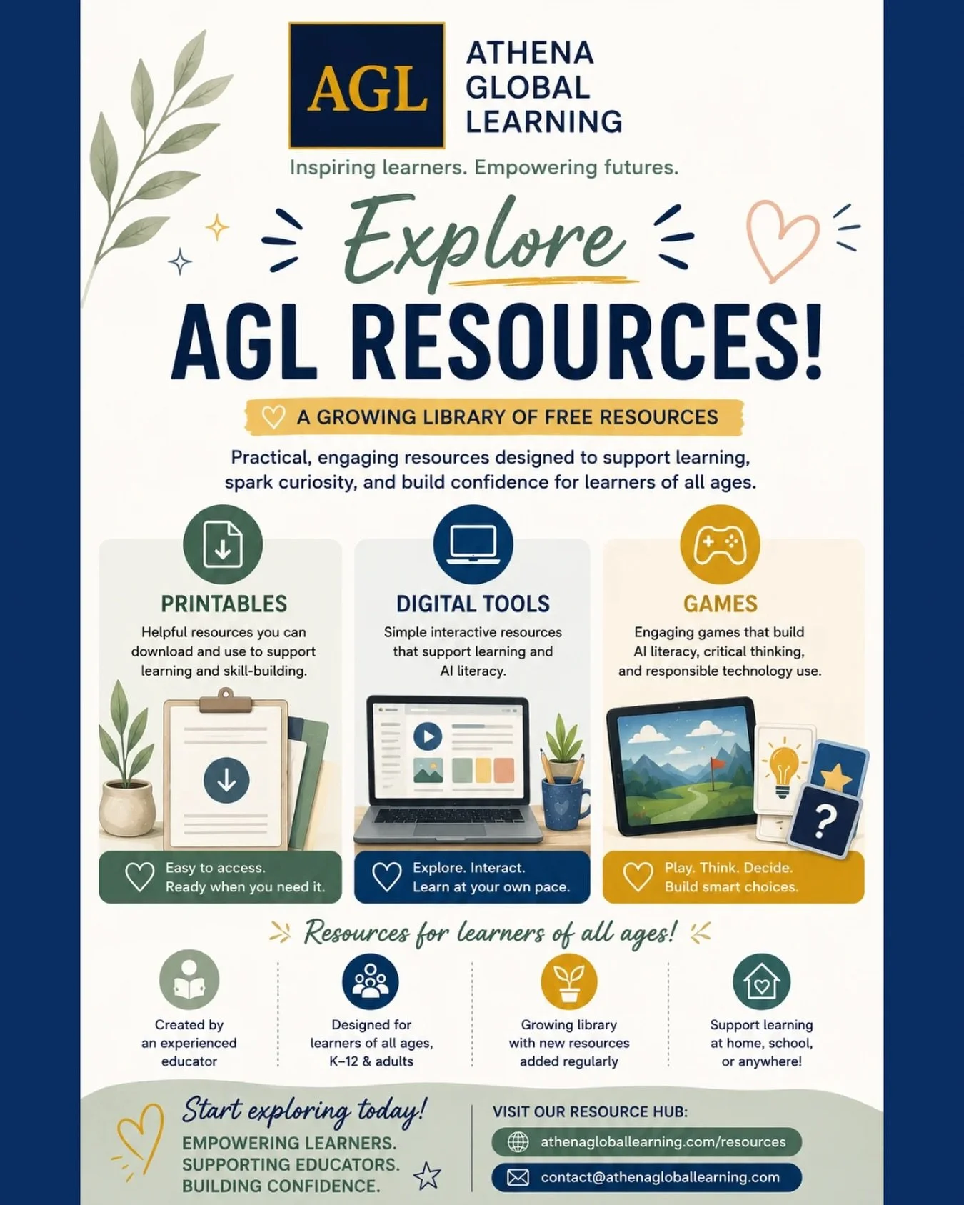 📚 Looking for practical, free resources for navigating AI and learning?

The Athena Global Learning (AGL) Resource Library is growing!

We&rsquo;re building a collection of free resources designed for learners, families, educators, and professionals