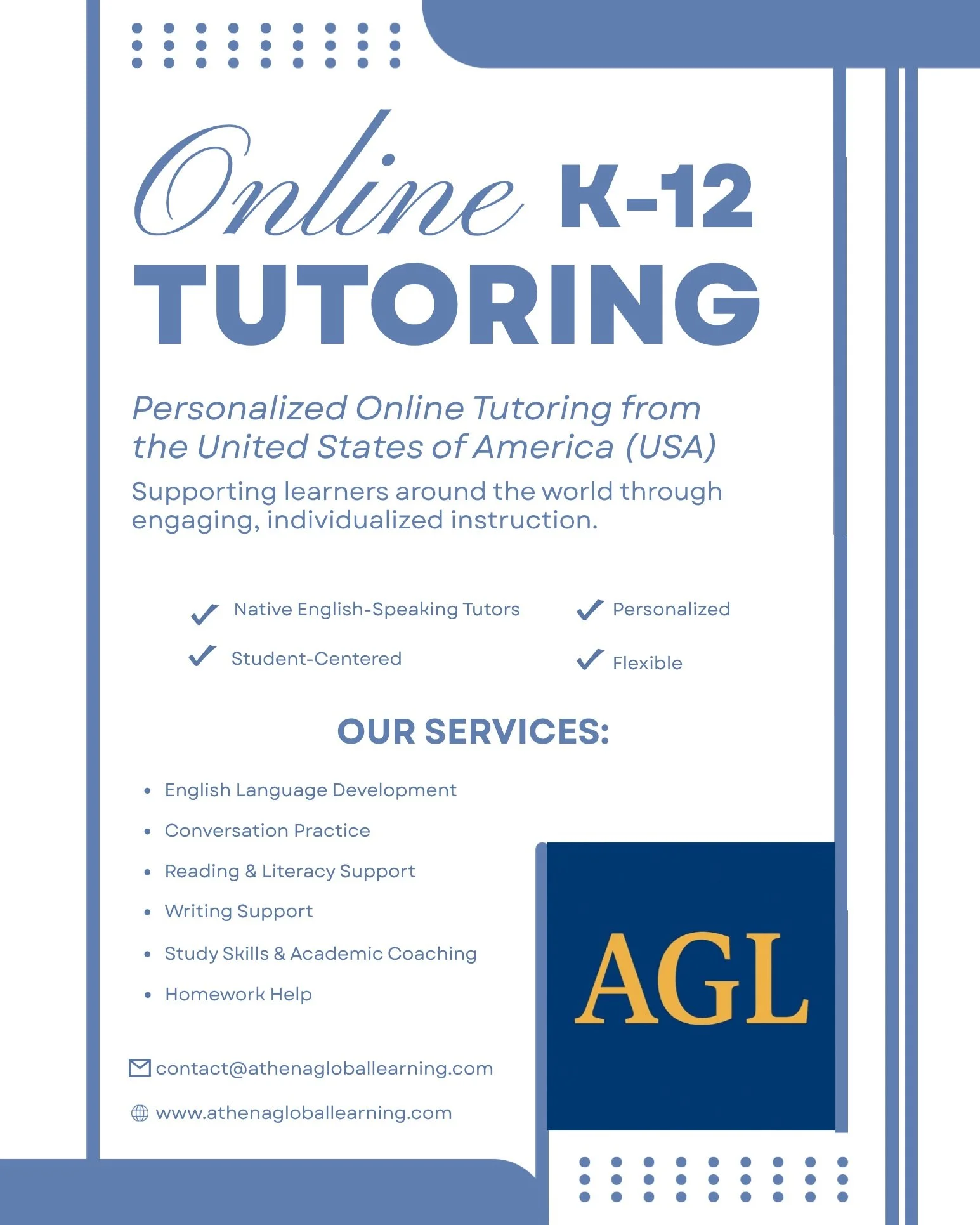 📚 The 2026&ndash;2027 school year is kicking off, and Athena Global Learning (AGL) is ready to support students and schools!

AGL offers personalized online K&ndash;12 tutoring designed to help students strengthen their skills, build confidence, and