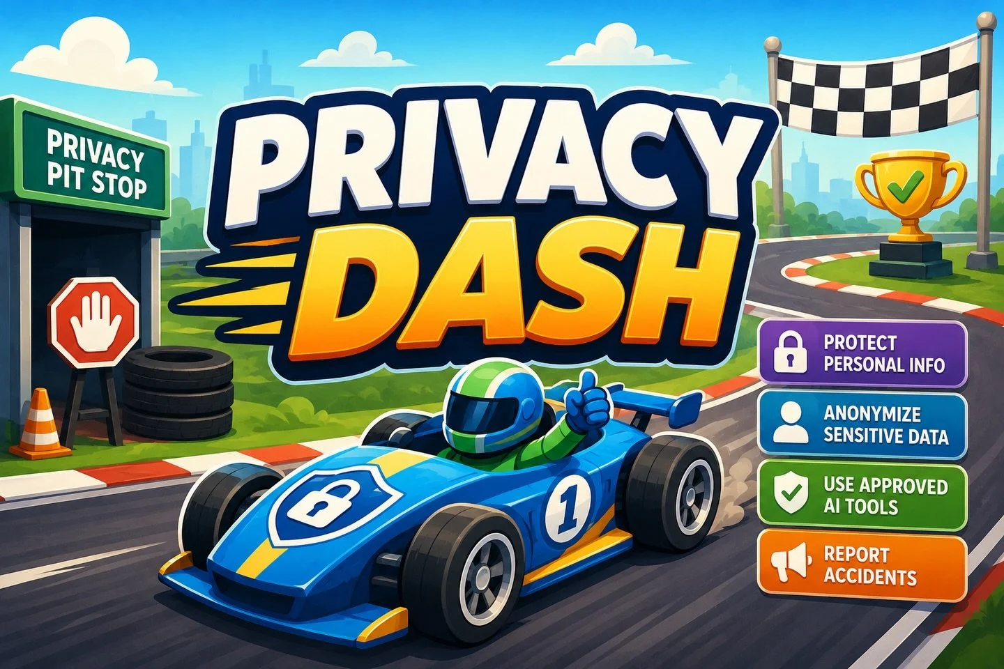🎮 New from Athena Global Learning (AGL)!

Privacy Dash is a free interactive AI literacy game that helps learners make safe, responsible decisions about personal, private, and confidential information when using AI.

Players race toward the finish l