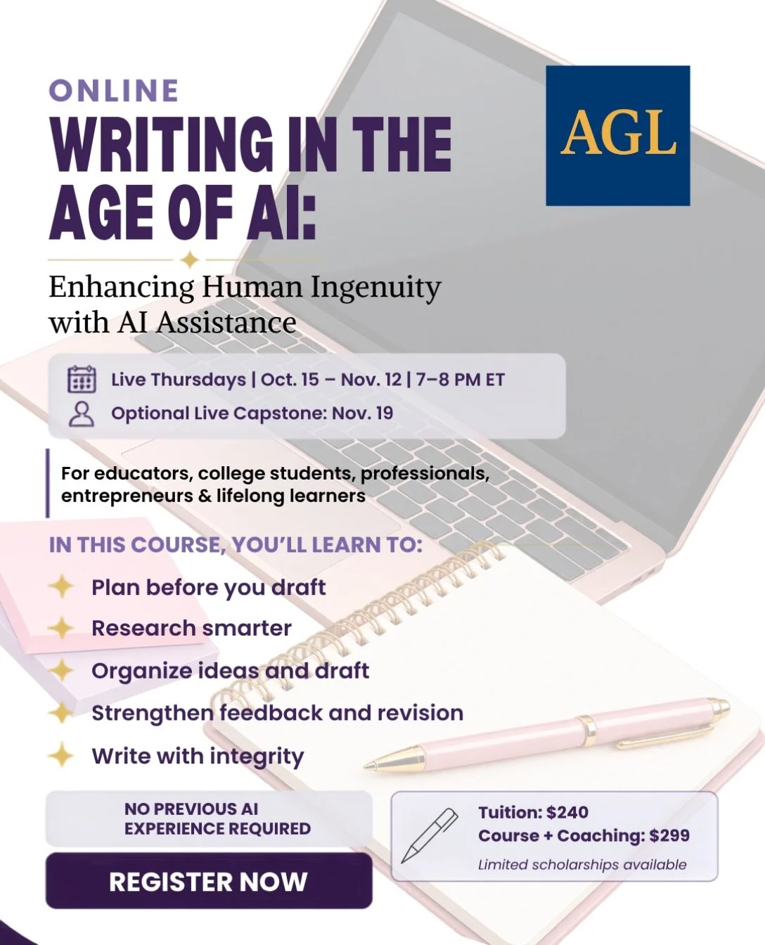 📣 Registration is now open for Writing in the Age of AI: Enhancing Human Ingenuity with AI Assistance!

AI can help you write. The real skill is learning how to use it without losing what makes the writing yours.

This October, Athena Global Learnin