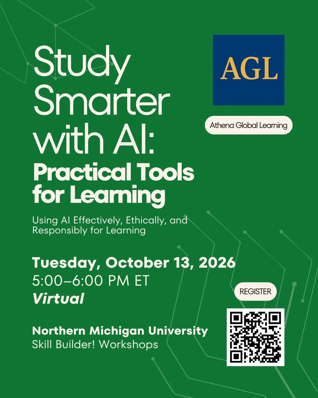 What if AI could help you study smarter without doing the thinking for you?

Athena Global Learning (AGL) is excited to offer Study Smarter with AI: Practical Tools for Learning, a virtual workshop through Northern Michigan University&rsquo;s Skill B