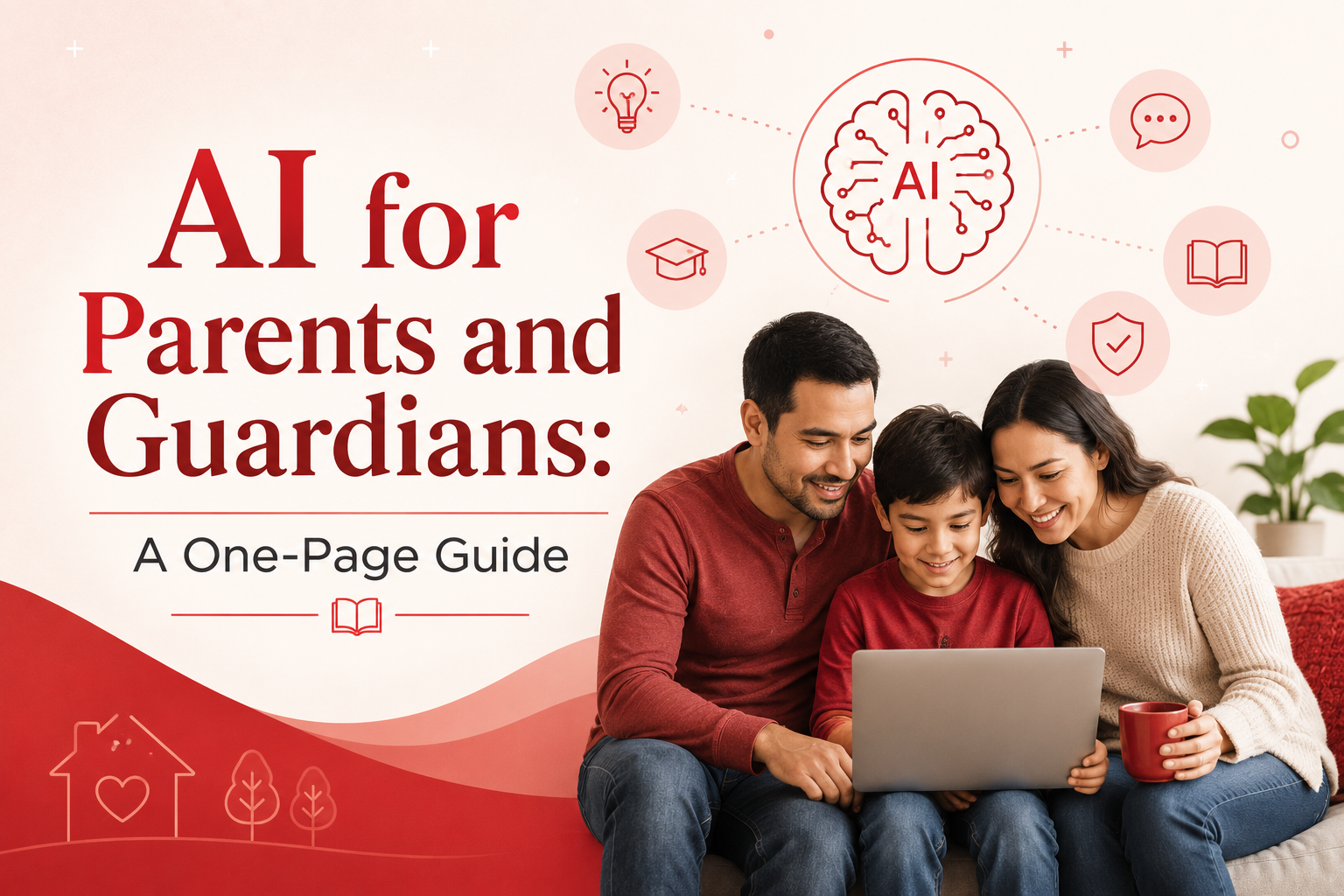 Graphic titled “AI for Parents and Guardians: A One-Page Guide,” featuring a family gathered around a laptop with AI, education, communication, safety, and learning icons above them.