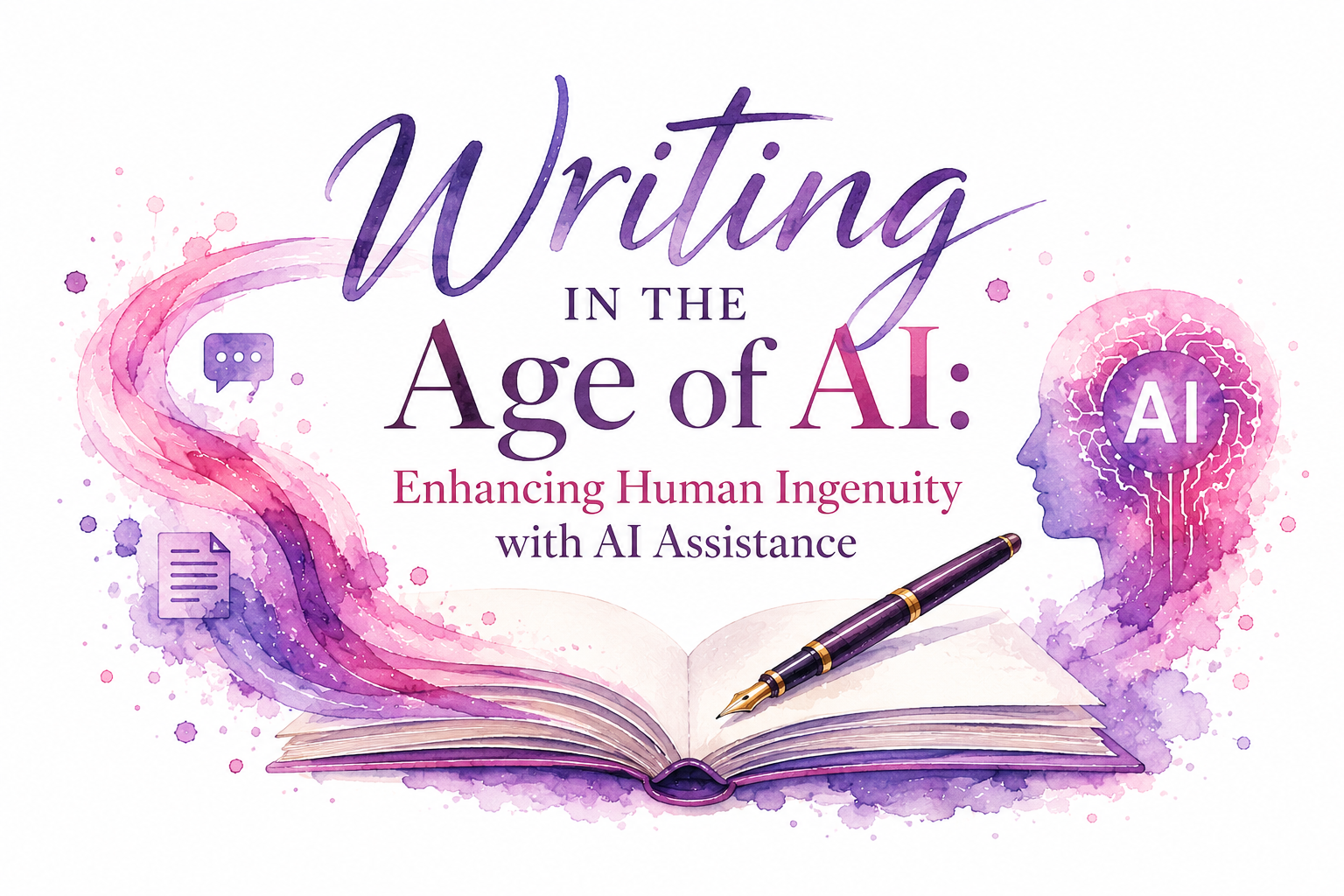 Writing in the Age of AI: Enhancing Human Ingenuity with AI Assistance title centered. Pink and purple theme. Open  journal with blank pages and purplue pen. Profile with AI in the mind area. Swirls of watercolor . Cmall page and speech bubble.