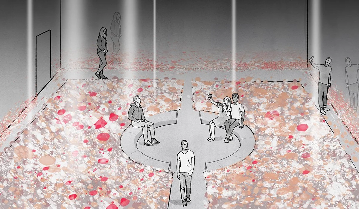 Illustration of an indoor art installation with a circular seating area and a floor covered in pink, red, beige, and white splattered paint, with several people sitting, standing, and taking photos.