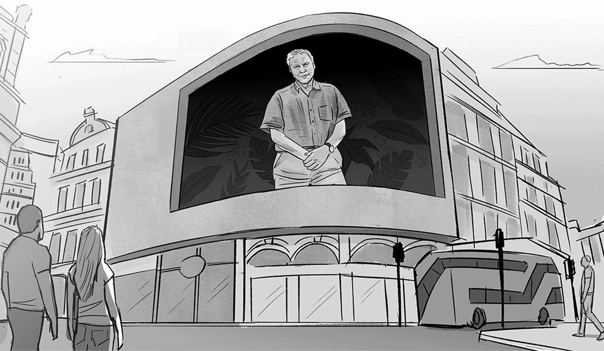 A large outdoor digital billboard on a building displays a man in a short-sleeved shirt and shorts. The building and surrounding urban environment are sketched in black and white. There are a few pedestrians on the street, and a bus is parked nearby.