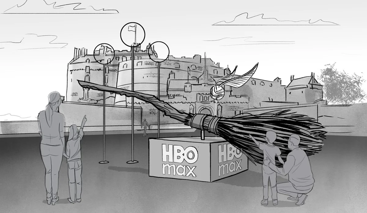 A black and white sketch of a family watching a street art display of a broomstick with a feather, appearing to fly above a box labeled HBO Max, with a castle in the background.