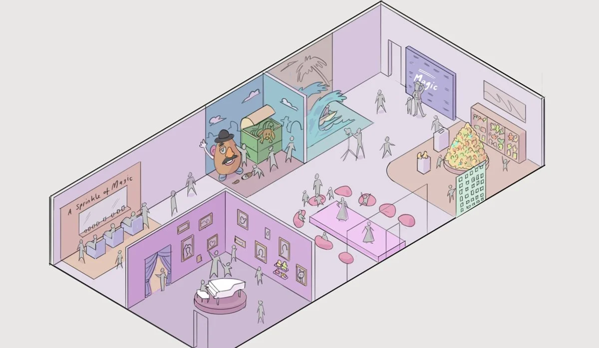 A colorful, cartoon-style illustration of an indoor art and entertainment space with multiple sections. There's a painting studio with an artist painting on a large canvas, a children's play area with a bouncy house and toy animals, a café with pink 