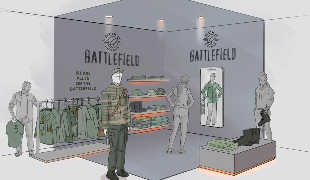 A retail store display with military-themed clothing and accessories, including hats, shirts, and jackets, with mannequins and a mirror for fitting.