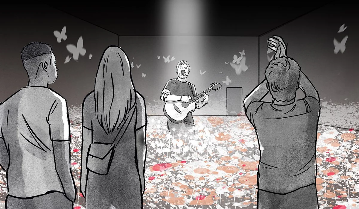 A black and white illustration of a musician playing a guitar on a stage, with three people watching; the stage has a floral pattern on the floor and butterflies on the walls.