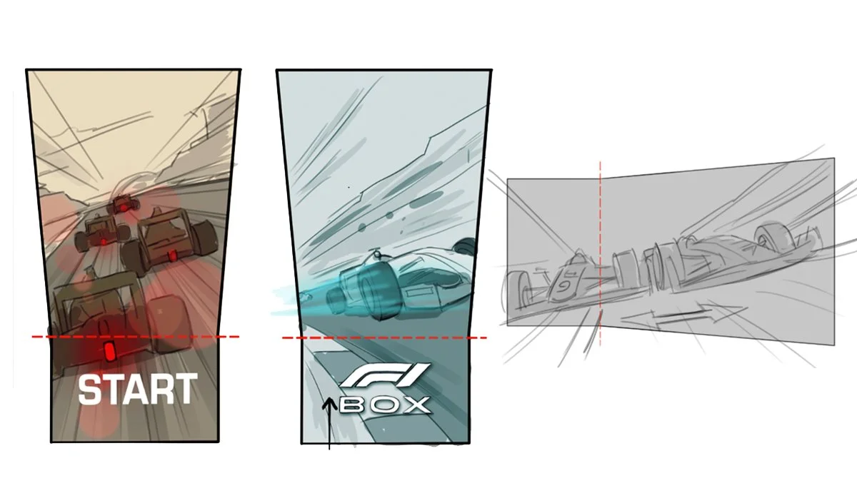 Storyboard of a Formula 1 race car starting, zooming, and a side view of a racing car in motion.