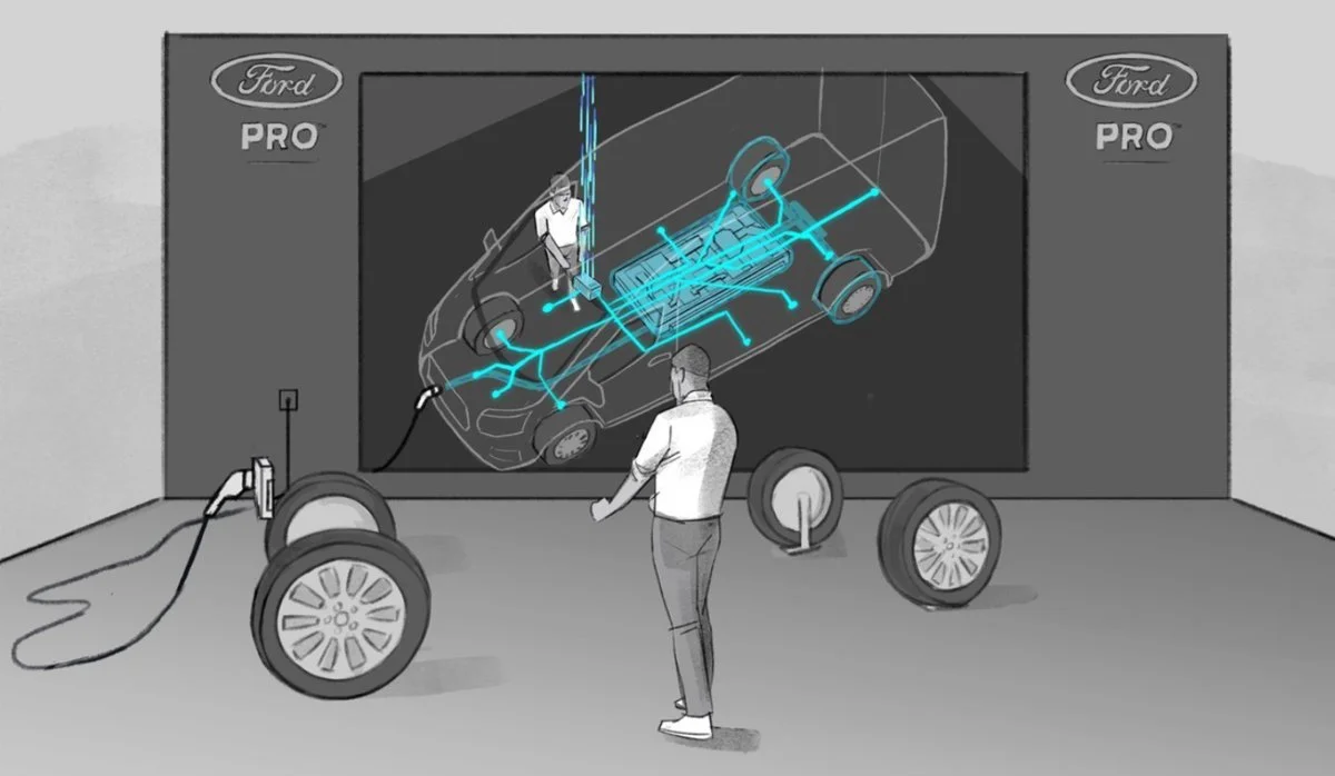 A man observing a digital screen showing the internal components and electrical systems of an electric car while charging it.