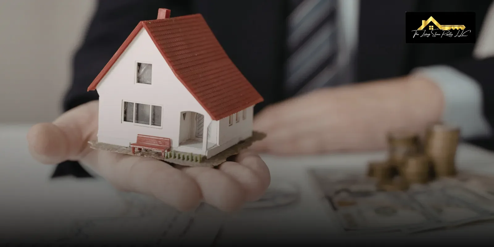 A real estate agent holding a miniature house model, with cash on the table, illustrating how to find cash buyers for a property through a straightforward, no-pressure process for quick closings.