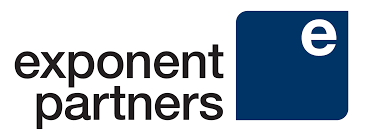 Logo for Exponent Partners with black text and a blue square containing a lowercase 'e'.