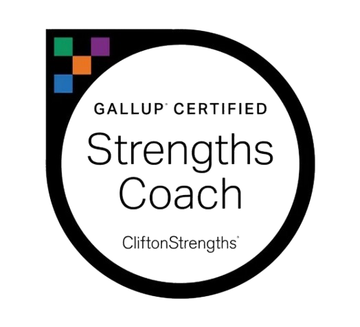 A logo with a black circle and a multicolor square pattern in the top left corner, containing the text 'CalU Certified Strengths Coach' and 'Building Strengths' beneath it.
