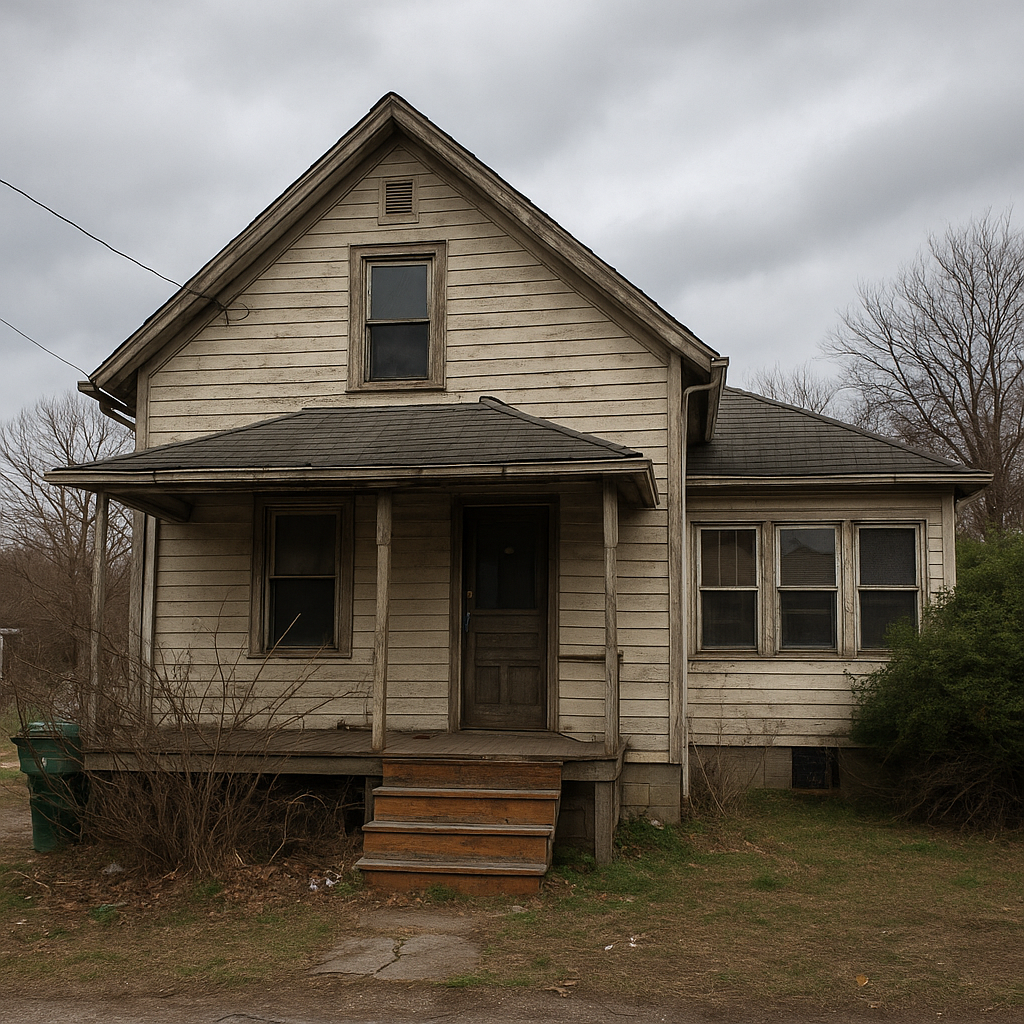 An old, weathered two-story house with peeling paint, a small front porch with steps, and overcast sky in the background.