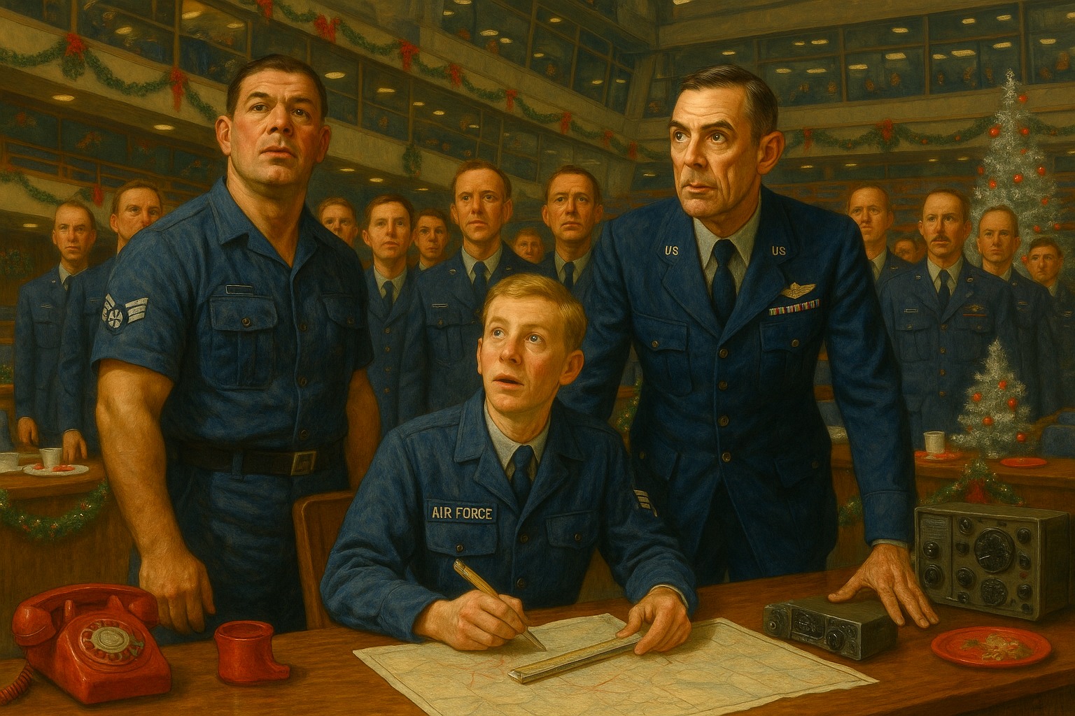 Group of men in U.S. Air Force uniforms gathered around a table during a holiday celebration, with Christmas decorations and a tree in the background.