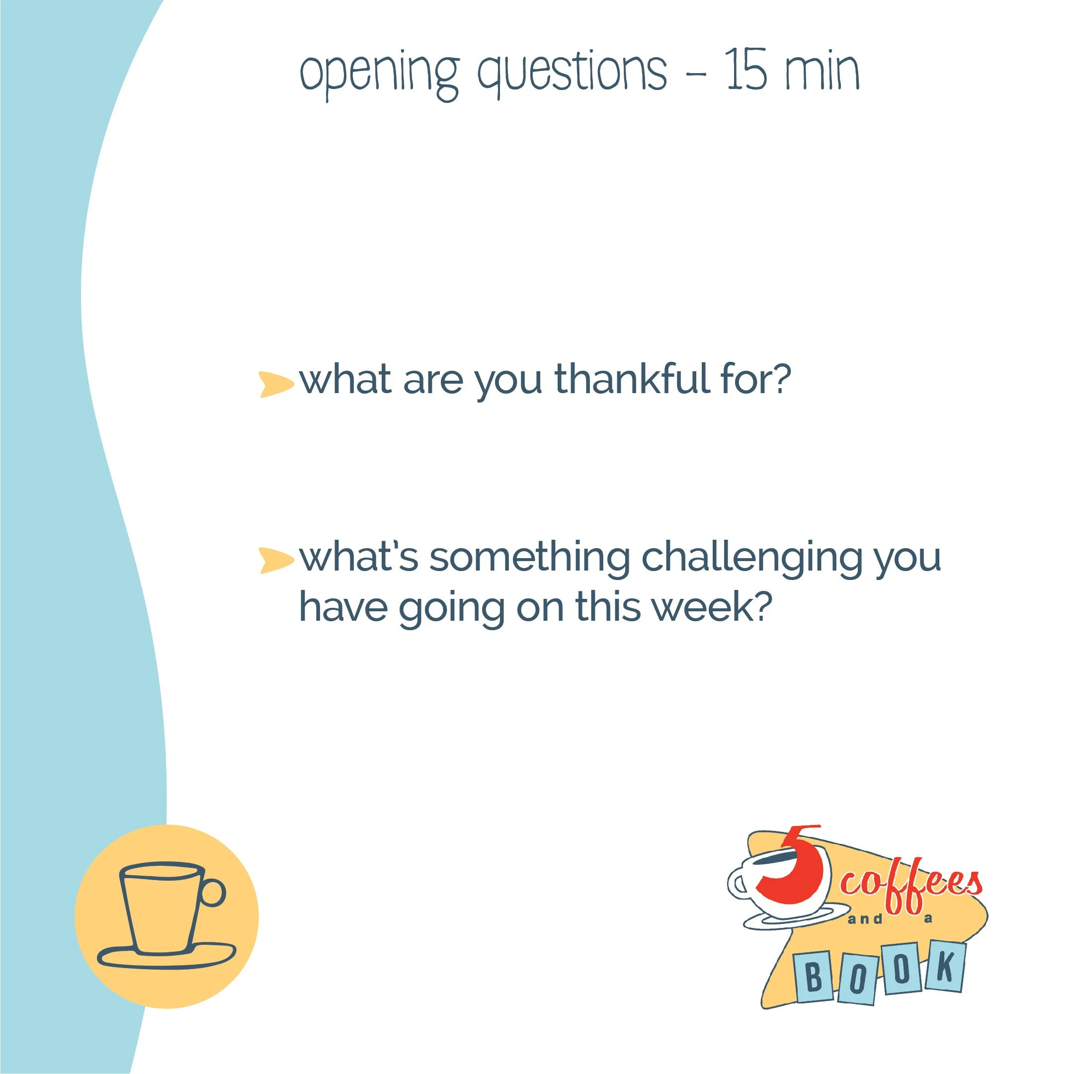 Slide with a blue and yellow background, asking two questions: 'what are you thankful for?' and 'what's something challenging you have going on this week?' A yellow coffee cup icon in a circle at the bottom left and a logo with a coffee cup, the numb