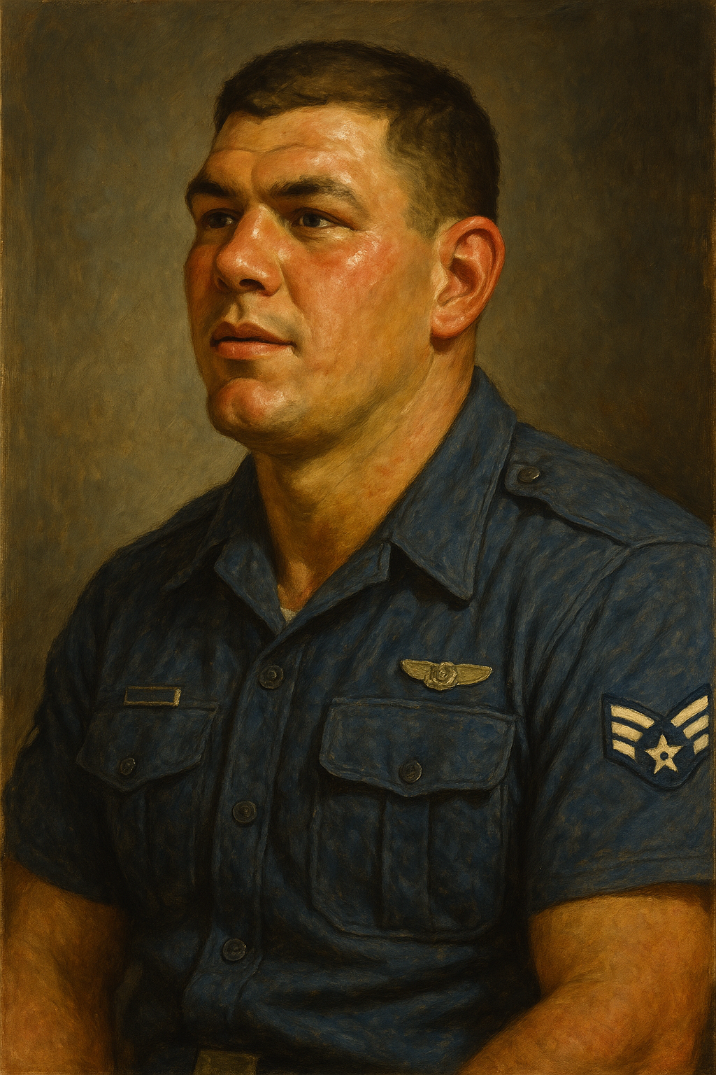A man in a vintage military uniform with a pilot wings badge and sergeant stripes, sitting with a serious expression.