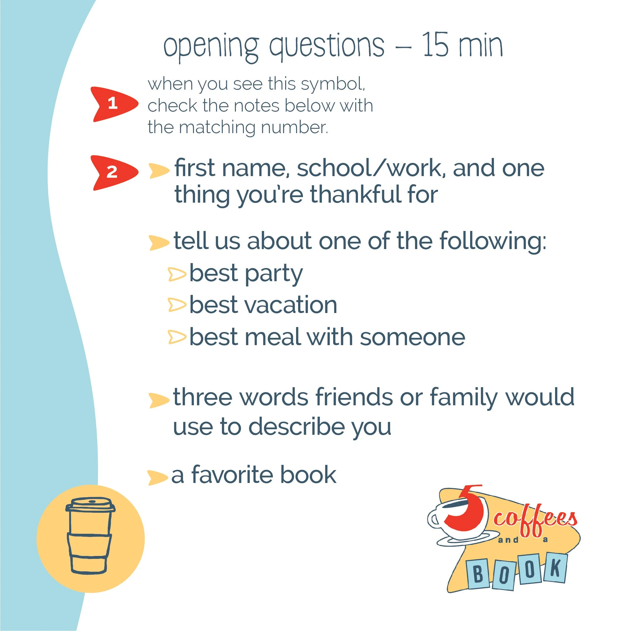 1. about starter’s guiding notes: don’t read to
the group. this is where the conversation should end up. the idea is to ask questions that will help people realize these ideas, if they don’t already. i could have made them more obvious or direct in t