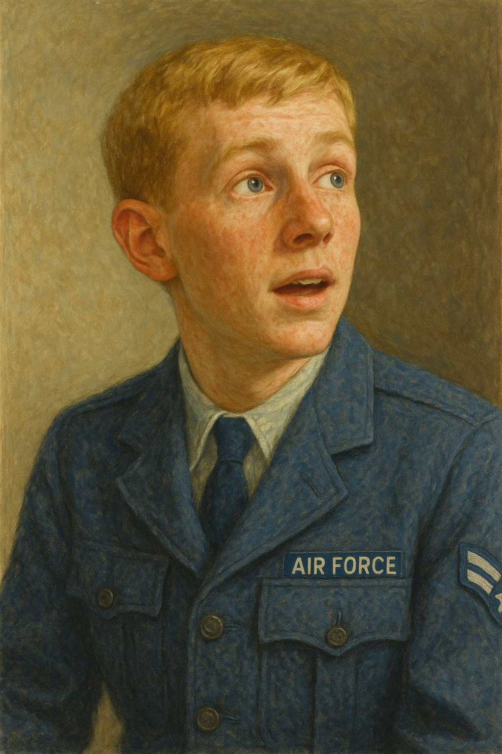 A painting of a young man with red hair and blue eyes, wearing a blue Air Force uniform.