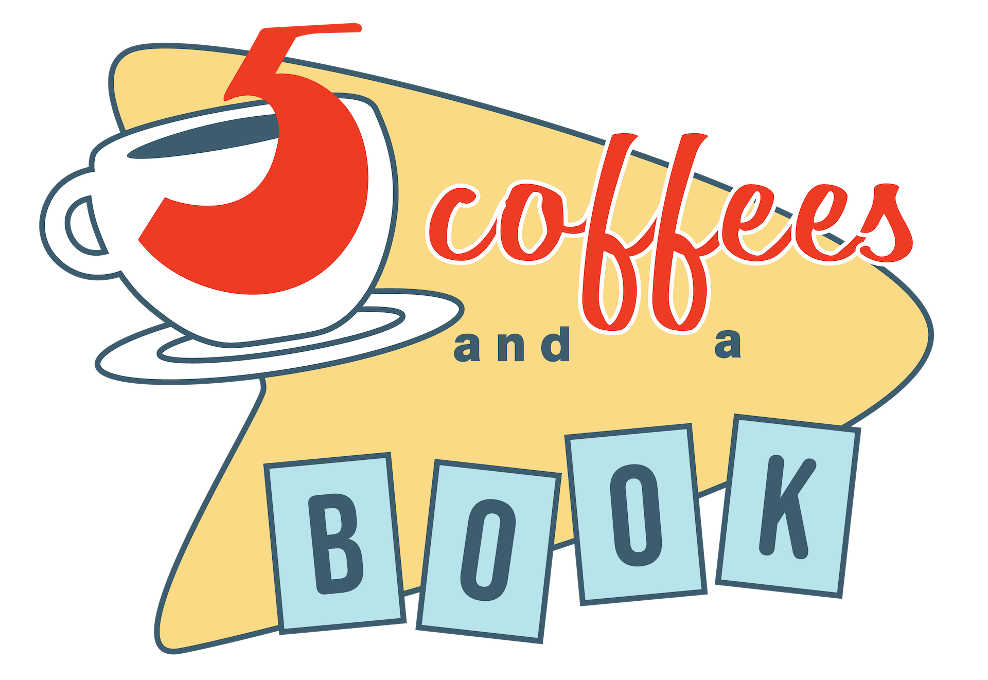 A colorful sign with a coffee cup illustration, the word 'coffee' in red cursive, the words 'and a' in black, and the word 'BOOK' in blue blocks.