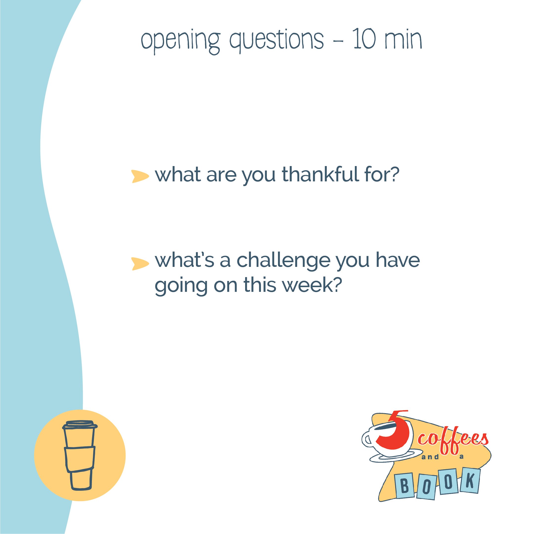 Slide showing questions for a discussion, titled "opening questions - 10 min." Questions include "what are you thankful for?" and "what's a challenge you have going on this week?" There are icons of a coffee cup and a tea cup on the slide, with a log
