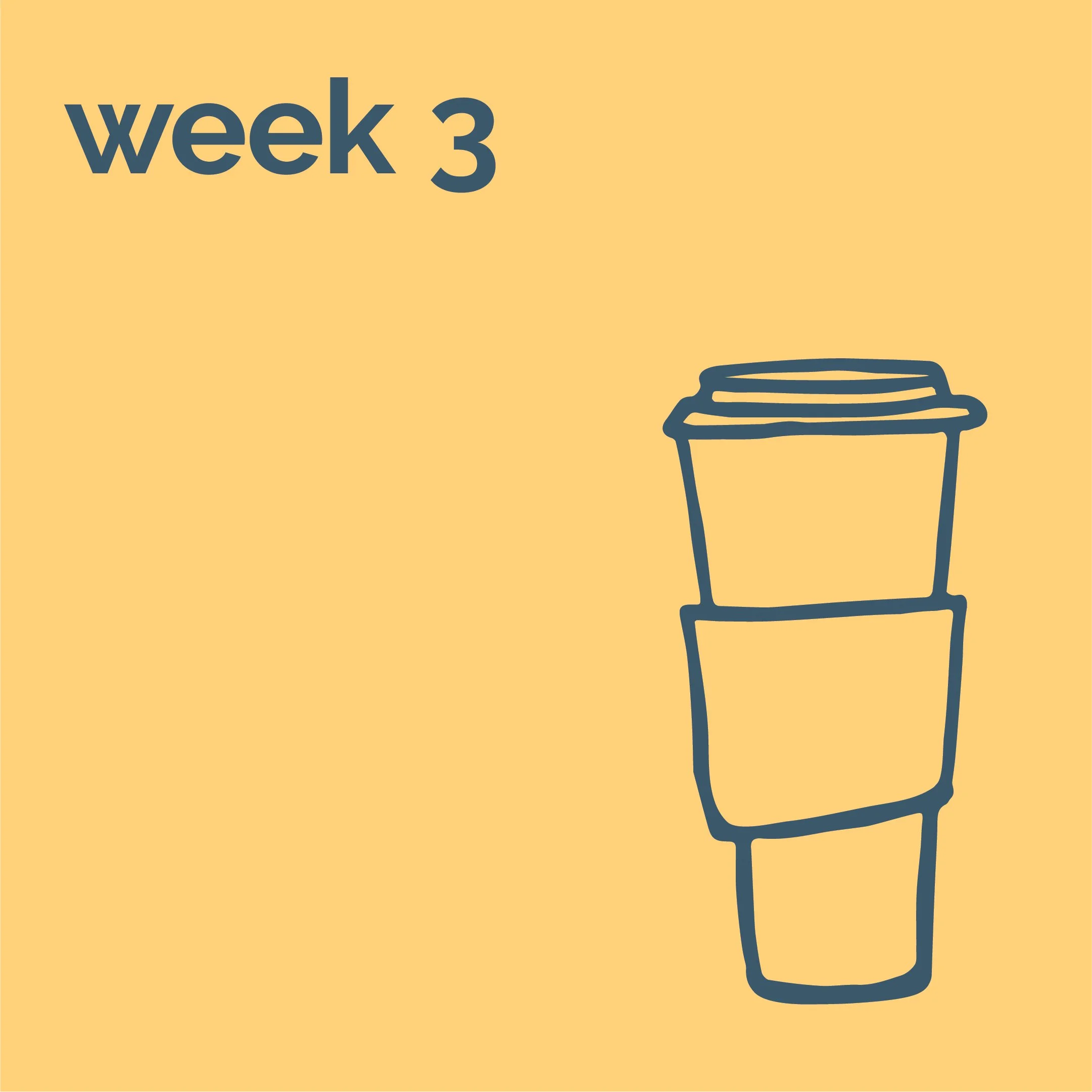 An illustration of stacked coffee cups with the text "week 3" in the upper left corner.