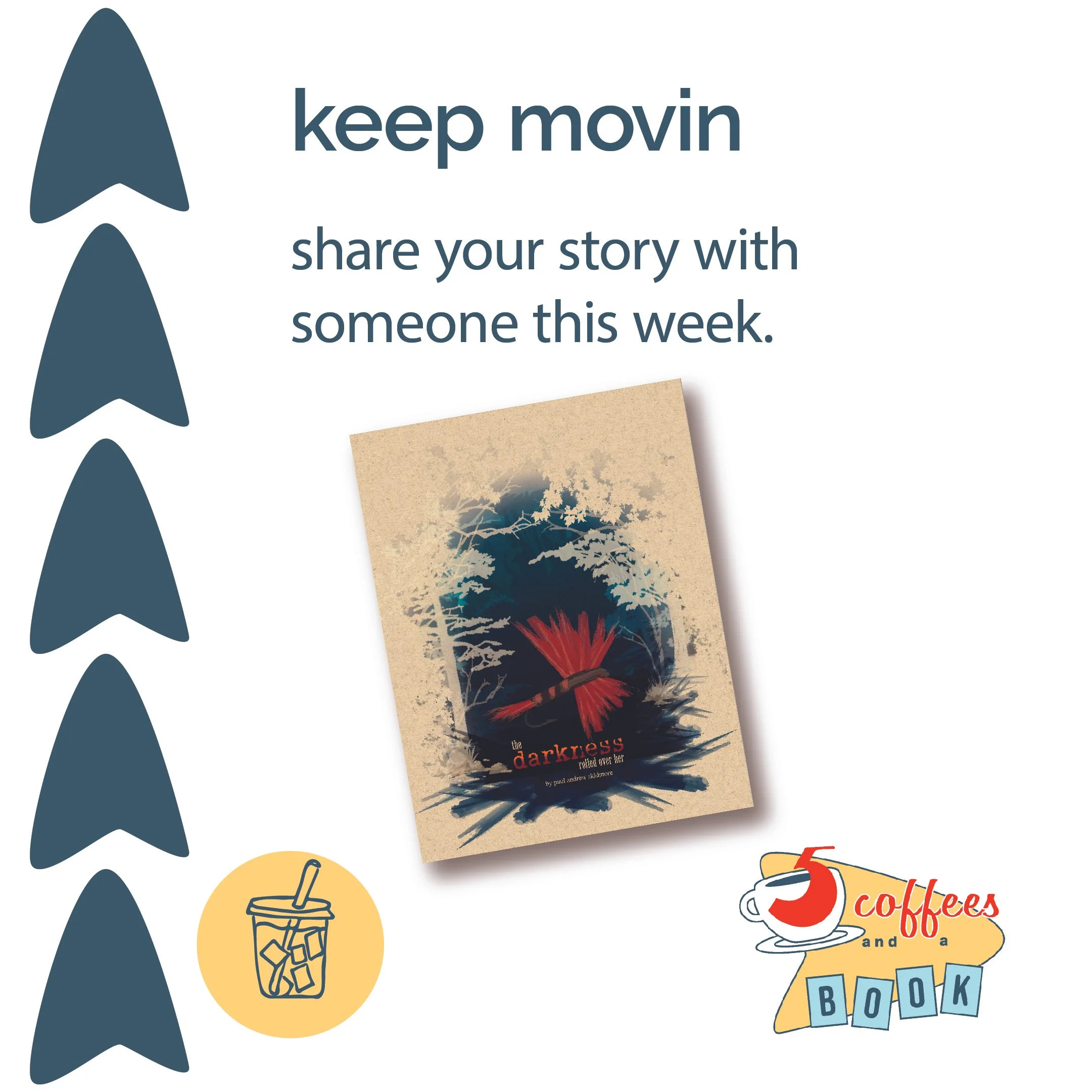 An inspirational social media graphic with the message 'Keep movin, share your story with someone this week,' featuring a book cover titled 'Darkness.' The image includes icons of arrows, a cup of iced coffee, and a coffee shop logo reading '5 coffee
