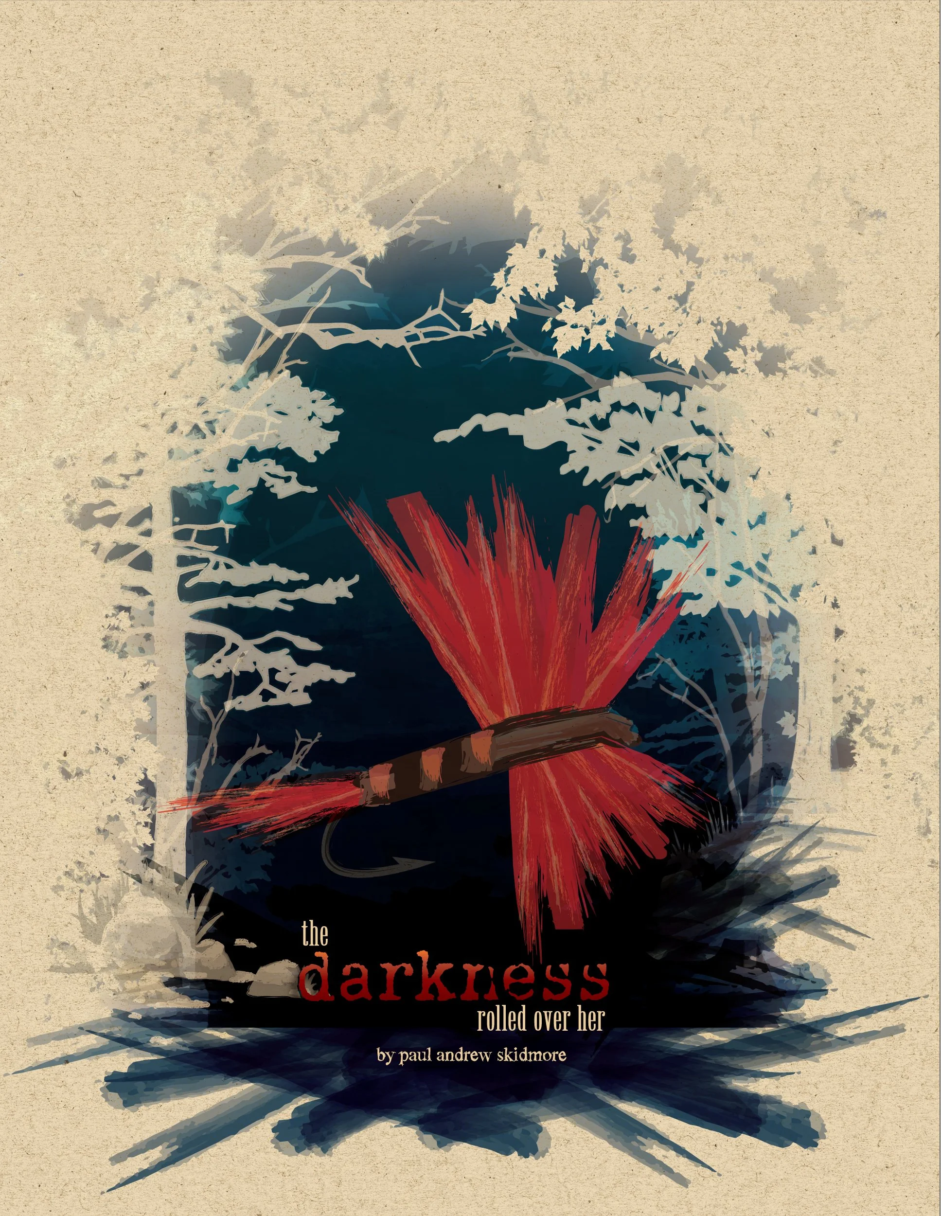 Book cover for 'The Darkness Rolled Over Her' by Paul Andrew Skidmore, featuring abstract artwork with trees and a red arrow-like element.