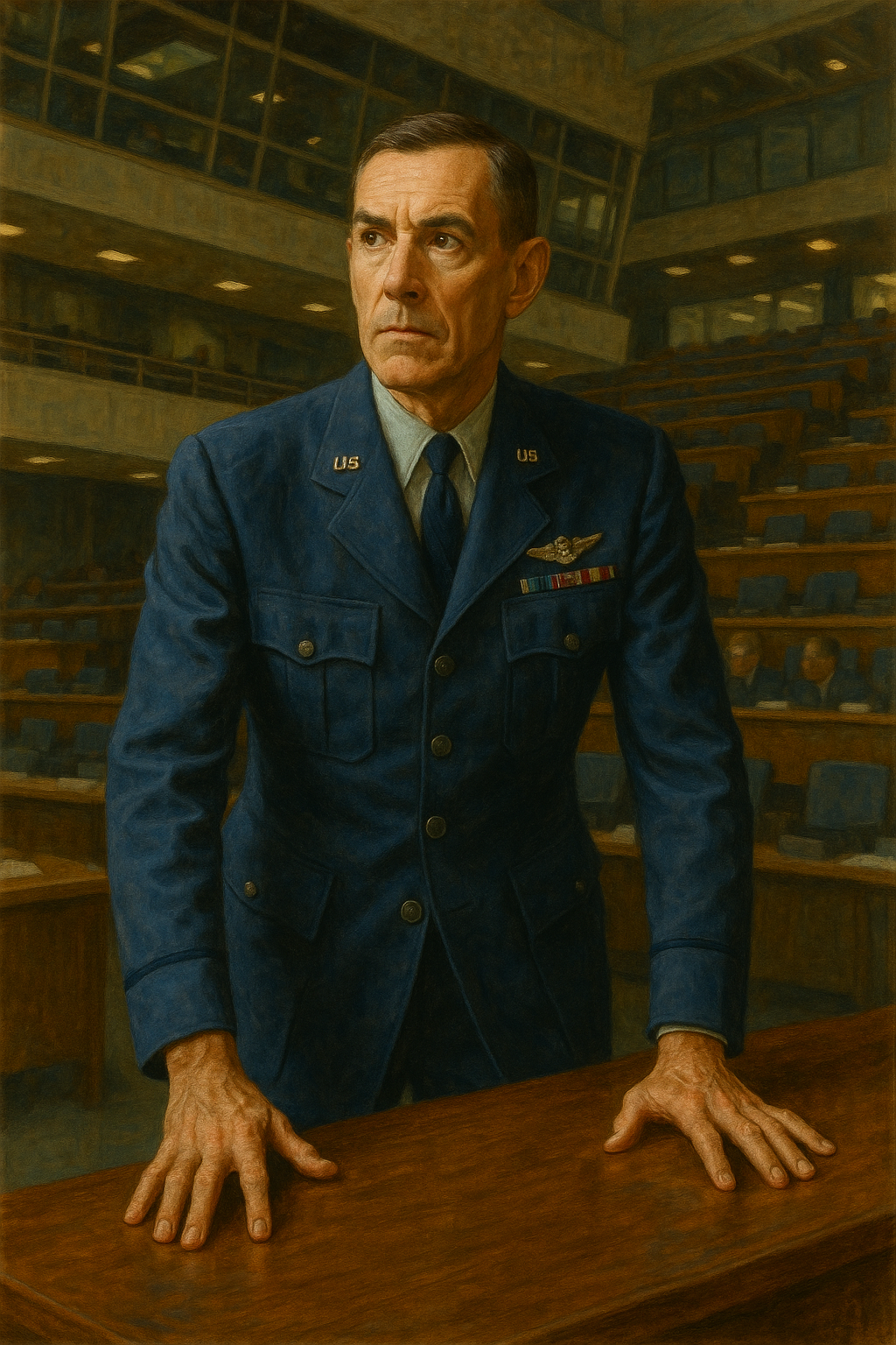 A painting of a stern-looking man in a U.S. Air Force uniform standing in a courtroom or legislative chamber, with his hands on a wooden desk and rows of empty seats and balconies in the background.