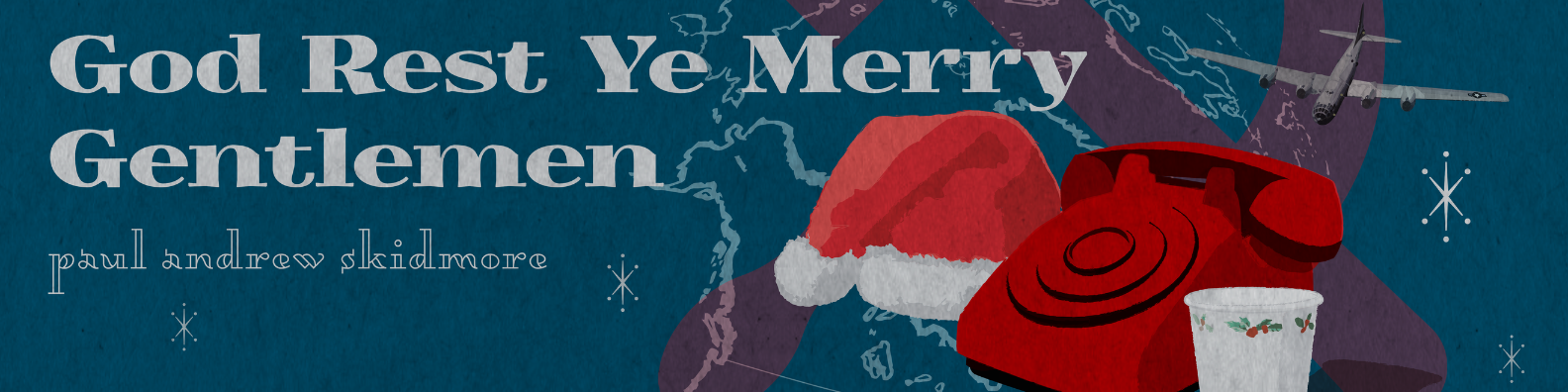 Vintage Christmas-themed illustration with a red rotary phone, Santa hat, and a cup, over a world map background, with flying airplane and stars.