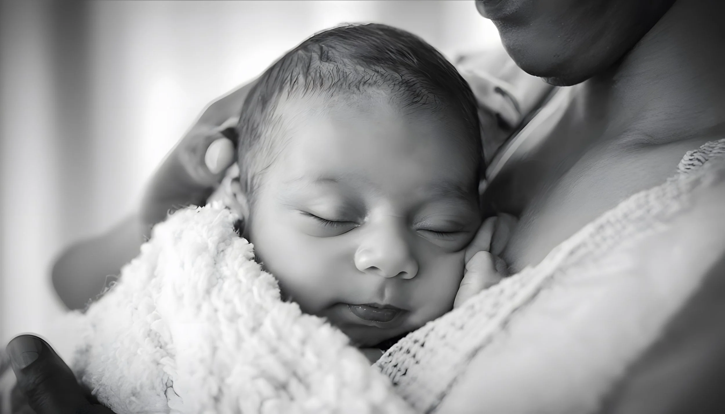 A newborn baby with closed eyes resting on a soft, fluffy surface, being gently held by an adult.