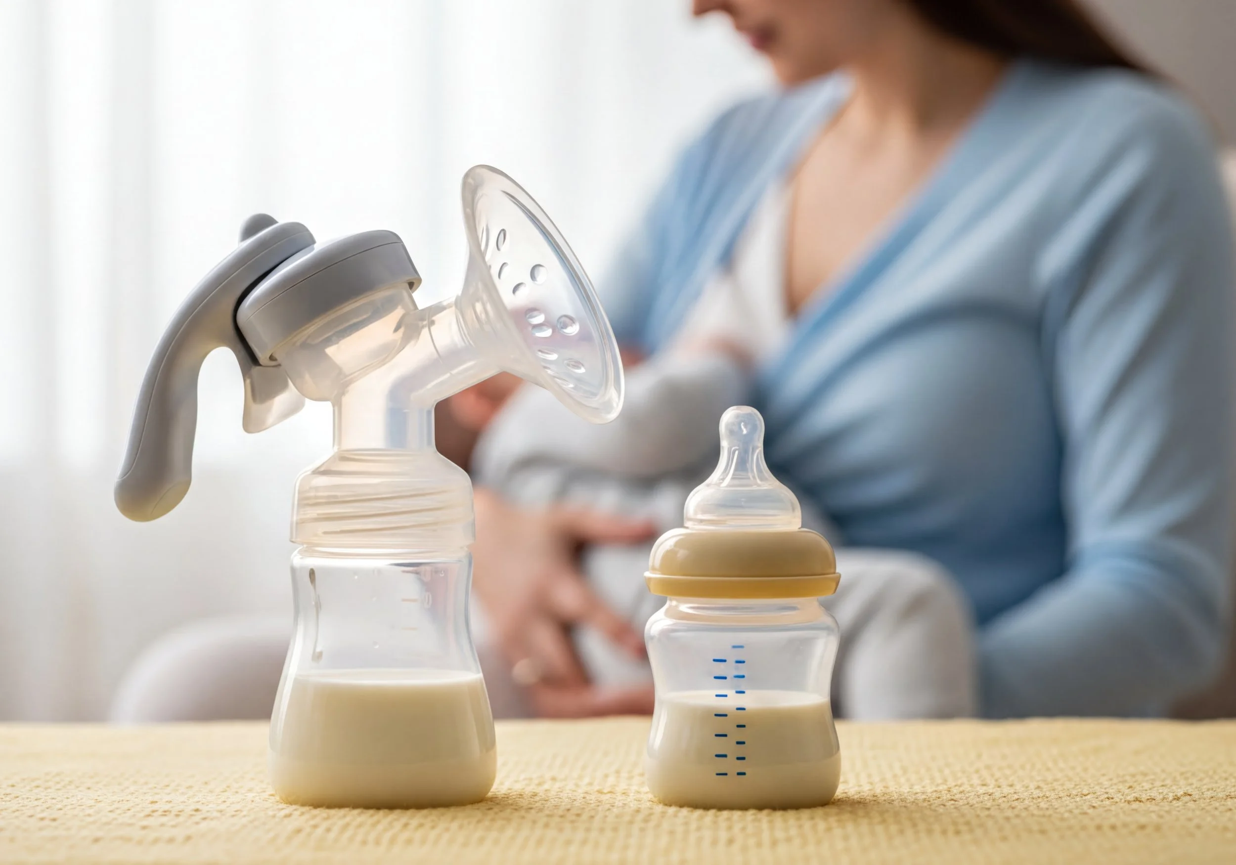 Close-up of four baby bottles filled with milk, lined up on a yellow surface, with a woman in the background holding a baby.