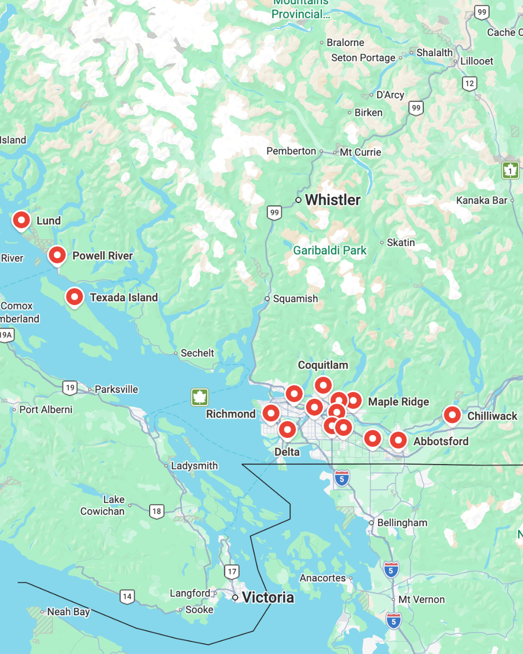 Map showing locations around Vancouver, British Columbia, including Richmond, Delta, Victoria, and various parks and islands.