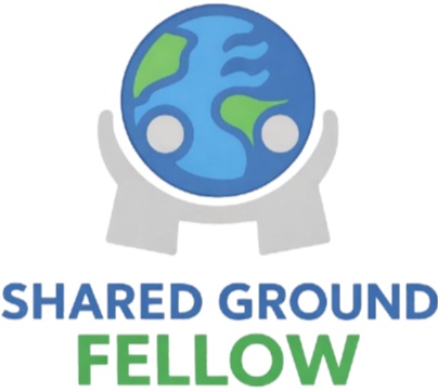 A cartoon illustration of Earth with arms holding it, and the words "Shared Ground Follow" below.
