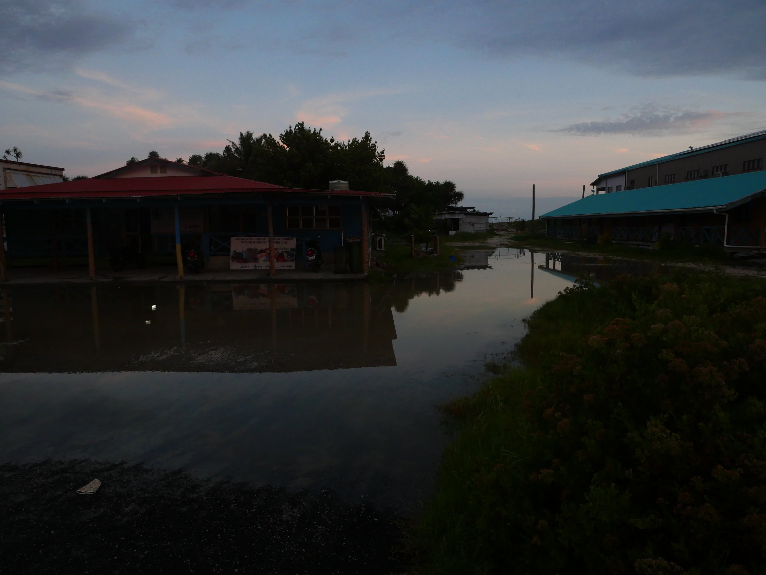 An outdoor scene with buildings, a large puddle or flooded area in the foreground, trees, and a partly cloudy sky at dusk.