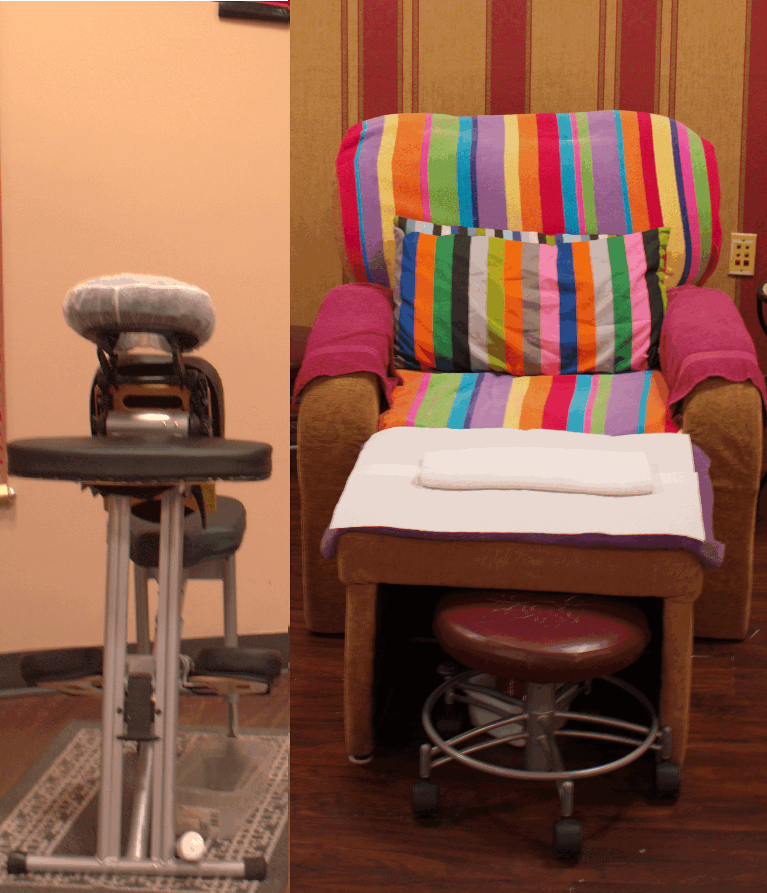 A brightly colored, rainbow-striped armchair with a matching striped pillow, a white towel, and a small folded cloth on a wooden footstool. To the left, a medical patient chair and a stool are visible.