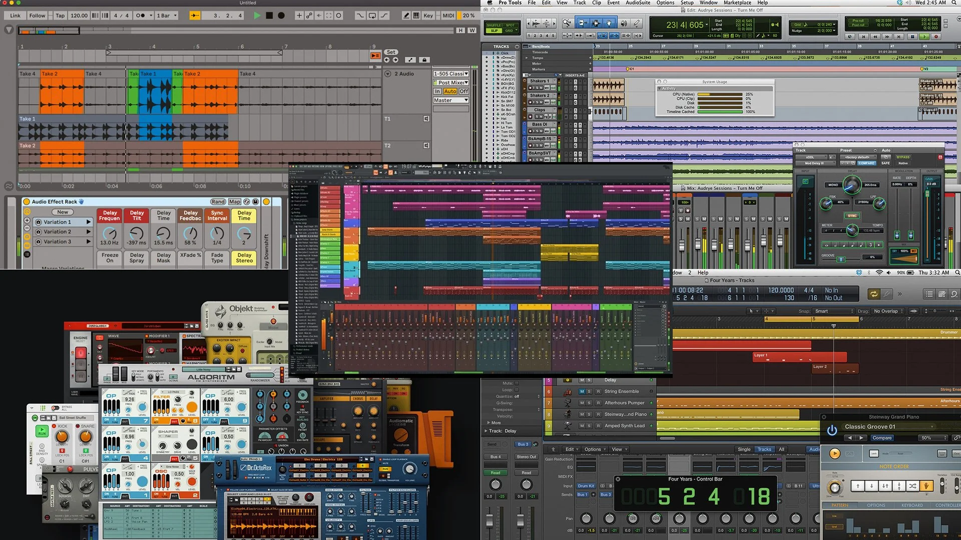 Collage of screenshots of music production programs.