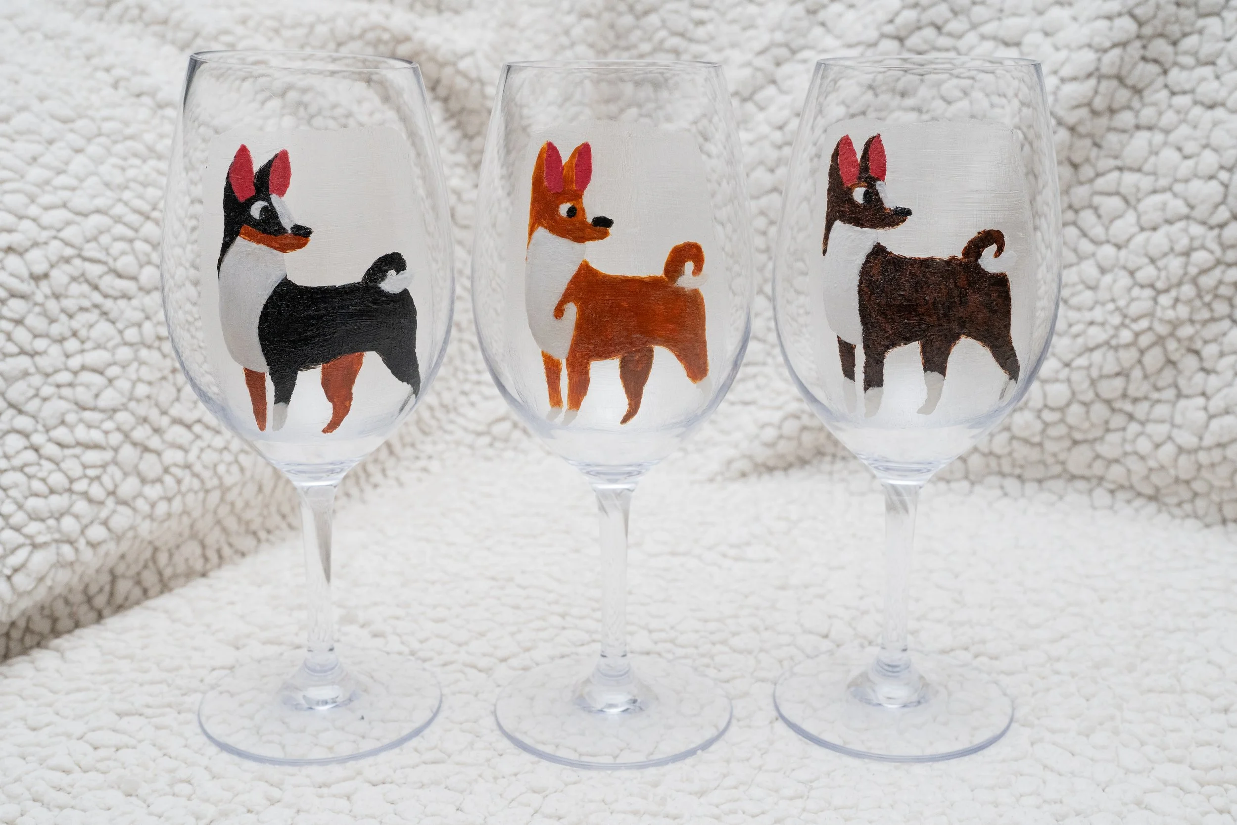 3 Basenjis - Bandit, Suzy, Jag (Acrylic on Wine Glasses)