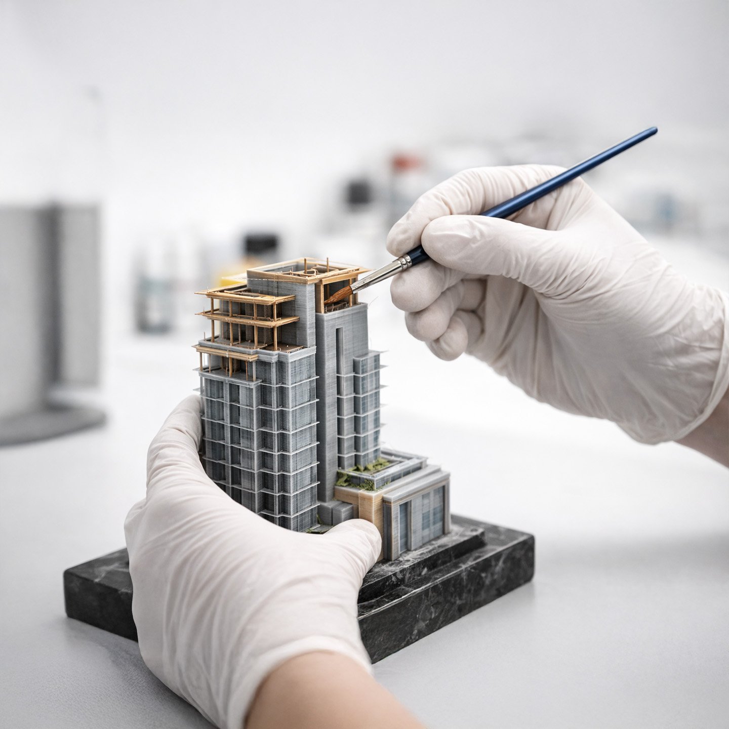 Gloved hand hand-painting the architectural piece, showing finishing work before completion.